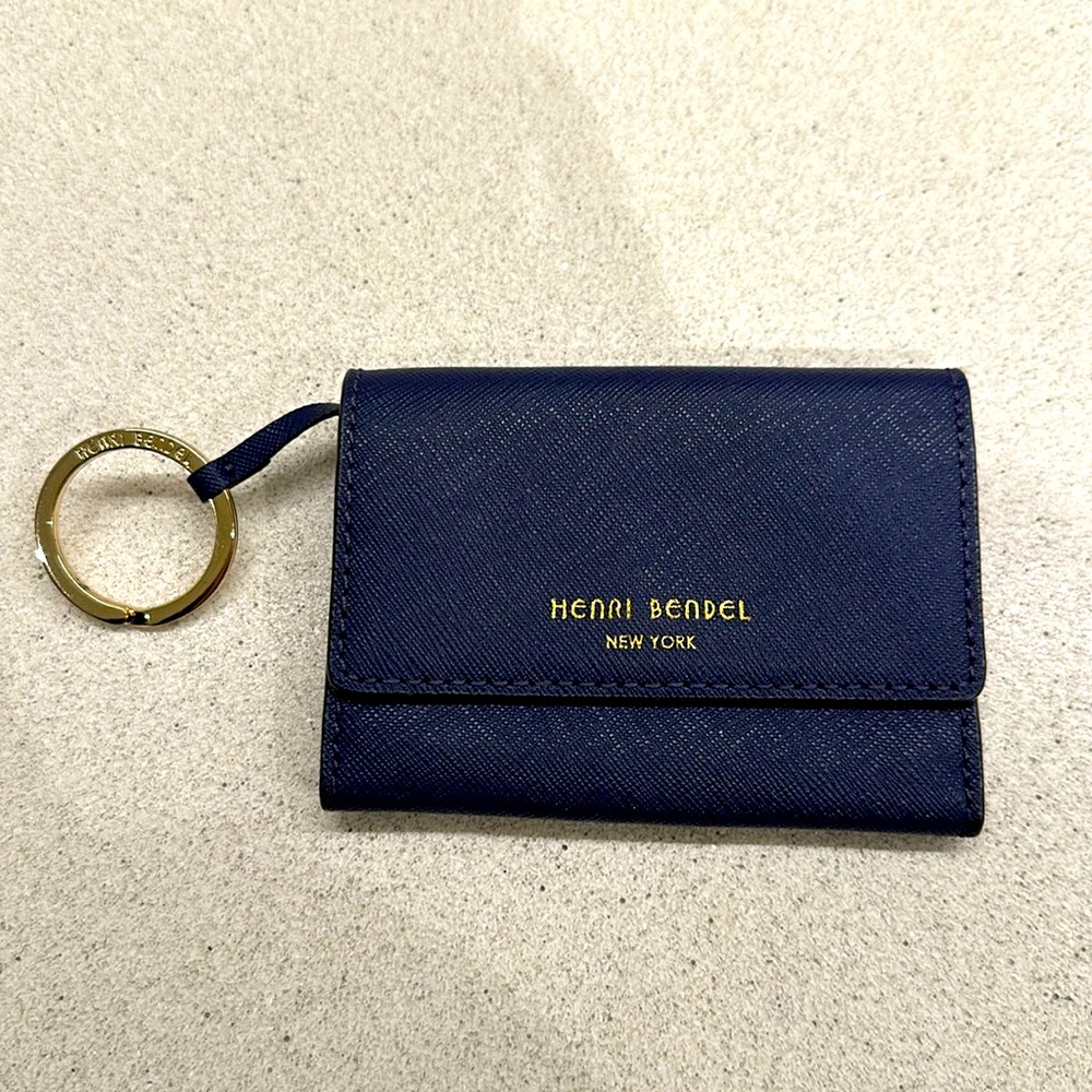 Henri Bendel | ID/Cardholder/Keyring | Navy Blue Leather, striped fabric inside